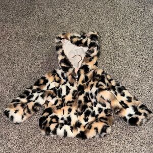 Faux Fur Leopard-Print Hooded Jacket with ears- Tan/Black/White